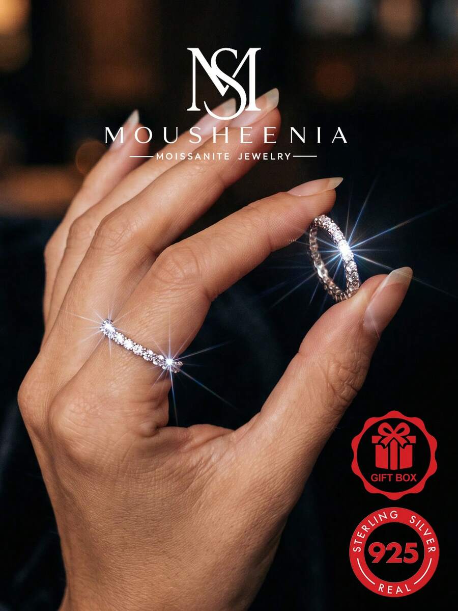 MOUSHEENIA 925 Sterling Silver D Color VVS1 Moissanite Stackable Multi-Style Pave Eternity Band Ring, Bridal Jewelry, Wedding Anniversary Gift For Her - 00235MSR-2mm - View 1