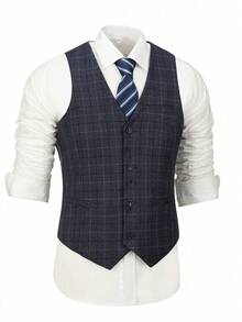 Men's Double Plaid Sleeveless Suit Vest, Formal Single Breasted Waistcoat, Suitable For Occasions - Grey - View 3