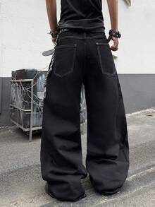 Hearty Haven 1pc American Street Style Printed Graffiti Men's Loose Wide Leg Jeans Fashion Design Comfortable Long Pants All Season - No Belt & Accessories - Black - View 2
