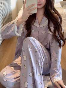 Gongdie 2 Pieces Miffy Women's Pajama Set,Fall Purple Soft Cotton Loungewear With Lace Trim And Pocket - Mauve Purple - View 6