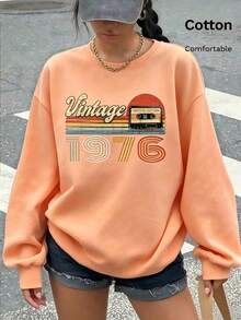 Women's Vintage 1976 Cassette Print Long Sleeve Pullover Sweatshirt, Casual Drop Shoulder Round Neck Top,  Fall Outfit - Hami Melon Orange - View 10