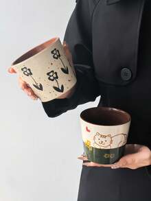 1 buah Mug Keramik Vintage Lukisan Tangan dengan Warna Kontras, Kucing & Hati Lucu / Cangkir Kopi Bunga Hitam, Cangkir Minum Rumahan - MultiWarna - View 5