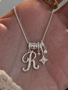 1pc Silver Letter R Rhinestone Pendant Necklace, Pink Gemstone Star Pearl Pendant, Cute Y2K Style Children Girls Jewelry, Suitable For Party, Birthday, Daily Wear - Silver - View 1
