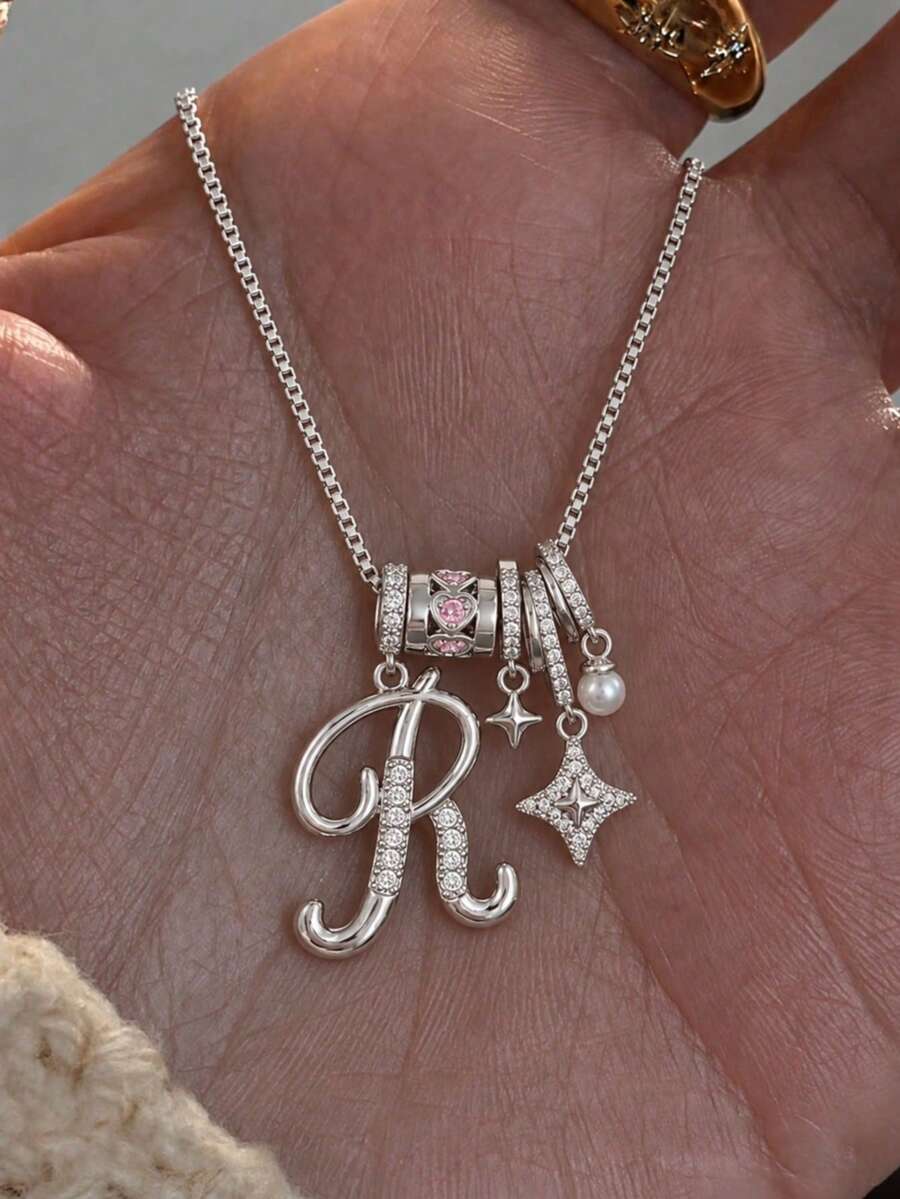 1pc Silver Letter R Rhinestone Pendant Necklace, Pink Gemstone Star Pearl Pendant, Cute Y2K Style Children Girls Jewelry, Suitable For Party, Birthday, Daily Wear - Silver - View 1