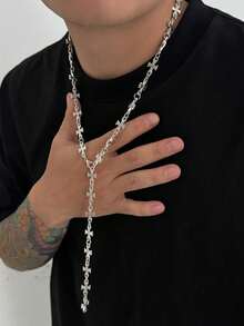 1pc Personalized Gothic Cross Y-Shaped Pendant Necklace, Distressed Silver Full Cross Chain Design, Y2K Unisex Neck Accessory, Daily, Party Outfit Jewelry - White K - View 2