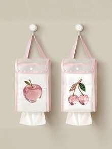 Household Toilet Paper Storage Bag, Tissue Holder, Printed With Bow, Crystal Effect Apple And Cherry Patterns. Large Capacity Toilet Paper Storage Bag, Multi-Functional Hanging Storage Box, Waterproof No-Drill Hanging Storage Bag, Suitable For Kitchen, Bathroom, Bedroom, Office, Dining Room, Home Essential - Multicolor - View 3