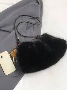 Women's Fuzzy Bag 2026 New Winter Niche High-End Shoulder Bag Versatile Large Capacity - Black - View 4