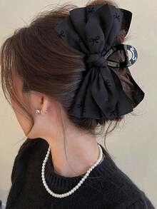 1pc Double Layer Satin Bow Hair Claw Clip, Fully Covered With Fine Pleated Ribbon Pattern, Hand-Stitched Multi-Layer Oversized Ribbon, Glossy Black Curved Plastic Spring Clip, Suitable For Office Wear, Deep, Sweet And Fresh Casual Style - Multicolor - View 10