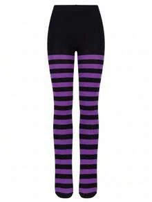 1pc Women's Purple & Black Striped Semi-Sheer Colorblock Fashion Tights - Black - View 5