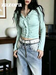 韓系小眾精緻 3D 荷葉邊飾長袖女款秋季上衣內搭 T-shirt - 薄荷綠 - 查看 7