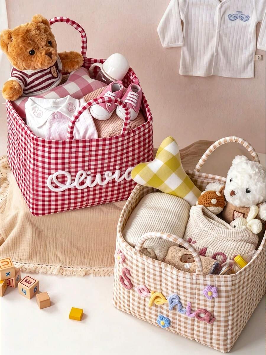 1Pc Personalized Name Check Quilted Storage Basket With Carry Handles, Large Capacity Fabric Storage Bin, Multi-Use Organizer For Toys, Garments And Daily Items, Portable Home Storage Tote, Wonderful Gift For Baby Shower, Newborn And Housewarming - Multicolor - View 1