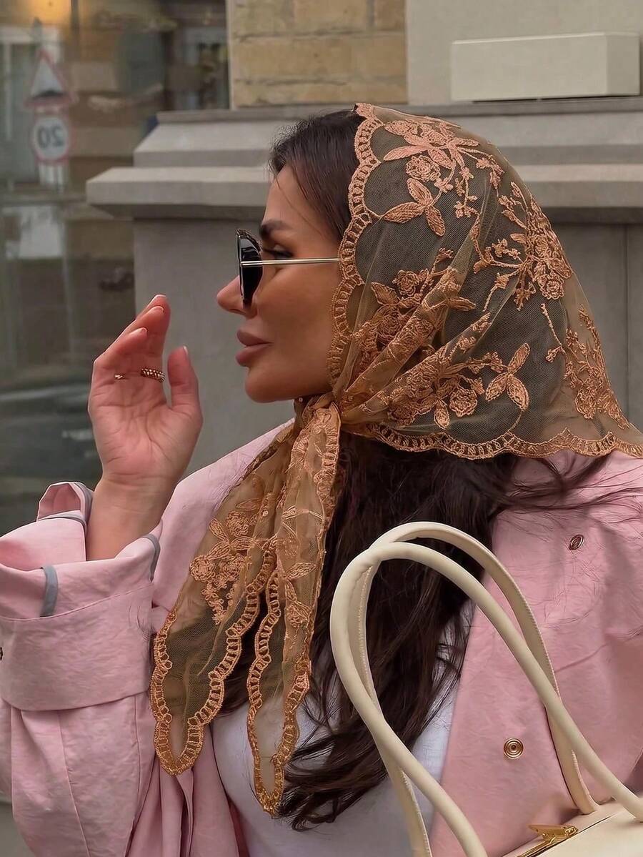 1pc Women's Solid Color Lace Floral Headscarf, Luxury Bohemian Hijab/Shawl, For Daily Wear, Weddings, Churches, Formal Events - Dark Brown - View 1