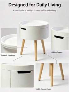 NEW Lightweight Compact White Round Bedside Table For Storage With Flap And Hidden Space, Side Table By The Bed On Stable Tripod Legs Made Of Natural Wood, - White - View 7