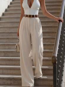 Da Jade Women Fall High Waist Pleated Wide Leg Trousers Side Pockets Tailored Relaxed Fit Elegant Structured Commute Brunch Date Night Gathering Outfit - White - View 2