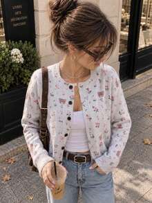 Áo cardigan len nữ họa tiết gấu nơ hoa dễ thương, tay dài cài nút phía trước, áo len mặc layer thời trang thường ngày cho mùa thu đông, trang phục đi học - Xám - Xem 5