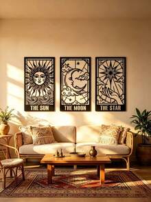 3pcs Tarot Metal Wall Decor, Celestial Tarot Card Wall Decor, Sun Moon Star Vertical Decor, Mysterious Celestial Tarot Wall Decor, Home Decor, Scene Decor, Theme Party Decor - Black - View 6