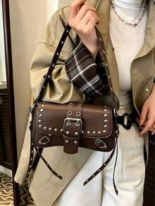 Vintage Punk Silver Rivet Multi-Buckle Saddle Crossbody Bag, Wide Eyelet Strap Faux Leather Motorcycle Shoulder Bag, Y2K Street Style Small - Coffee - View 3