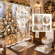1pc/4pcs Gold Fireplace Christmas Tree Pattern Multi-Functional Bathroom Decor Shower Curtain Set, Free 12 Hooks, Premium Holiday Atmosphere, Bathroom Mat U-Shaped Floor Mat And Round Toilet Lid Cover, Suitable For All Scenes Decoration Bathroom Set - Gold Fireplace Christmas Tree - View 1