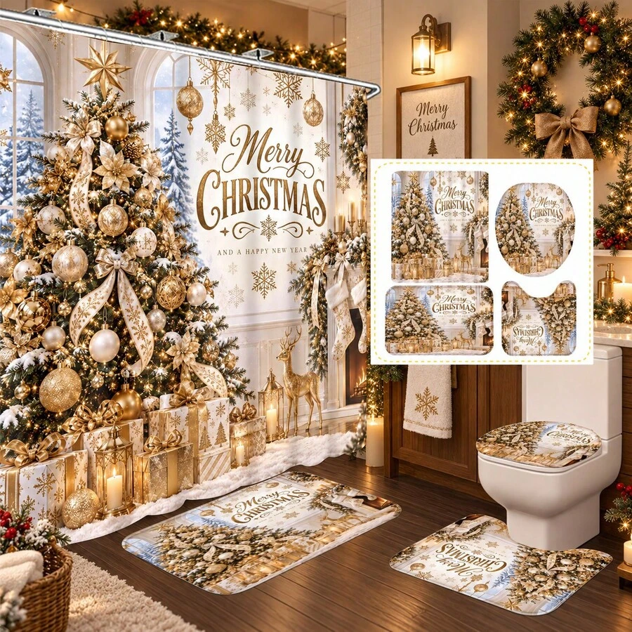 1pc/4pcs Gold Fireplace Christmas Tree Pattern Multi-Functional Bathroom Decor Shower Curtain Set, Free 12 Hooks, Premium Holiday Atmosphere, Bathroom Mat U-Shaped Floor Mat And Round Toilet Lid Cover, Suitable For All Scenes Decoration Bathroom Set - Gold Fireplace Christmas Tree - View 1