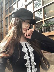 French Style Lace Trim Long Sleeve Knit Sweater Women Autumn/Winter Design Heart Button Slim Fit Inner Layer Base Layer Short Top - Black - View 4