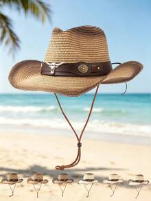 1pc Bohemian Straw Men's Hat With Metal Rivet Beaded Hat Band, Adjustable Windproof Rope, Casual Vacation, Daily Commute - C - View 10