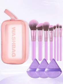 11Pcs/7Pcs/3Pcs/1pc Purple Makeup Tool Set 7Pcs Soft Fluffy Makeup Brushes 3Pcs Triangle Puff Portable Makeup Bag For Foundation Blush Contour Eyeshadow Blending Dry Wet Dual Use - Purple - View 1