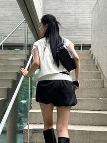 YCYC 韓式風格夏季極簡設計條紋女款短褲 - 黑色 - 查看 5