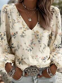 Plus Size Women's Floral V-Neck Long Sleeve Lantern Sleeve Casual Woven Shirt, Boho, Suitable For Spring And Autumn Wear - Apricot - View 1