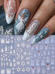 3 Sheets 5D Embossed Winter Snowflake Nail Stickers - 3D Blue Snowy Forest, Christmas Tree & Rhinestone Decals For DIY Holiday Manicure, Elegant Seasonal Nail Art Decor & Gift For Women Girls - White - View 3