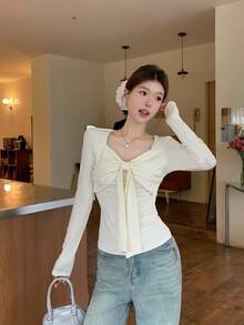 Women Bow Long Sleeve T-Shirt Spring Sexy Style Fitted Base Layer Inner Wear Slim Square Neck Top - Apricot - View 7