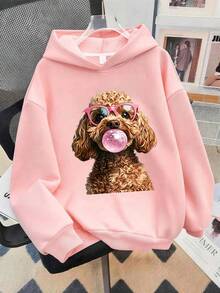 Tween Girl Cartoon Dog Print Sweatshirt, Loose Pullover Sweatshirt Top, Y2K Girls College Style Clothing, Autumn/Winter - Pink - View 1