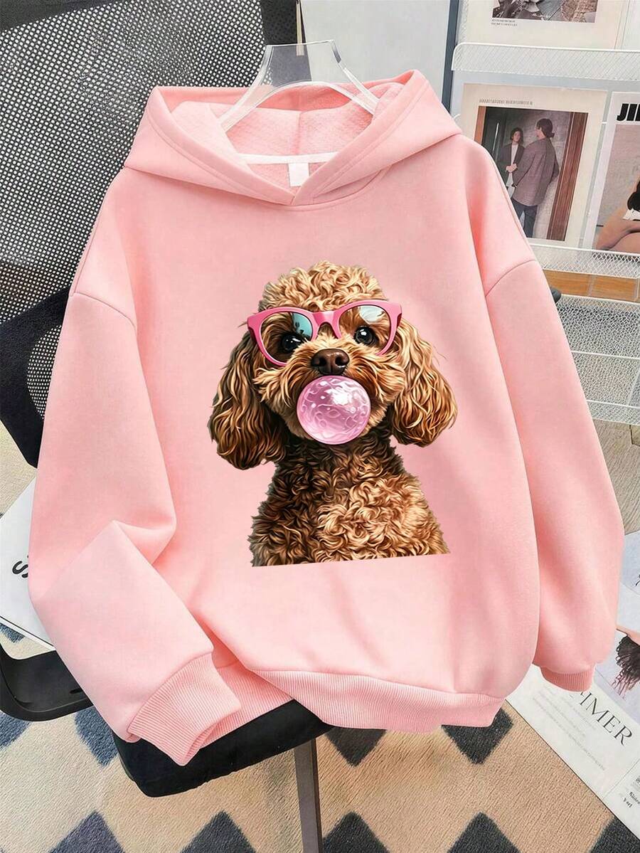 Tween Girl Cartoon Dog Print Sweatshirt, Loose Pullover Sweatshirt Top, Y2K Girls College Style Clothing, Autumn/Winter - Pink - View 1