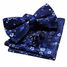 5Pcs Men Royal Blue Small Floral Jacquard Bow Tie Pocket Square Cufflinks Ring Boutonniere Set, Cufflinks Pattern Random For Wedding - Royal Blue - View 3