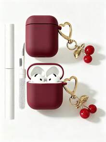 Soft TPU Earphone Case With Cherry Keychain & Cleaning Pen, Shock‑Resistant Protective Cover Compatible With Airpods - Burgundy + Cleaning Pen - View 10