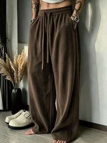 Jacquard Autumn Old Money Style Herringbone Textured Straight Leg Wide Leg Pants, Comfortable Versatile Drapey Loose Casual Trousers - Mocha Brown - View 3