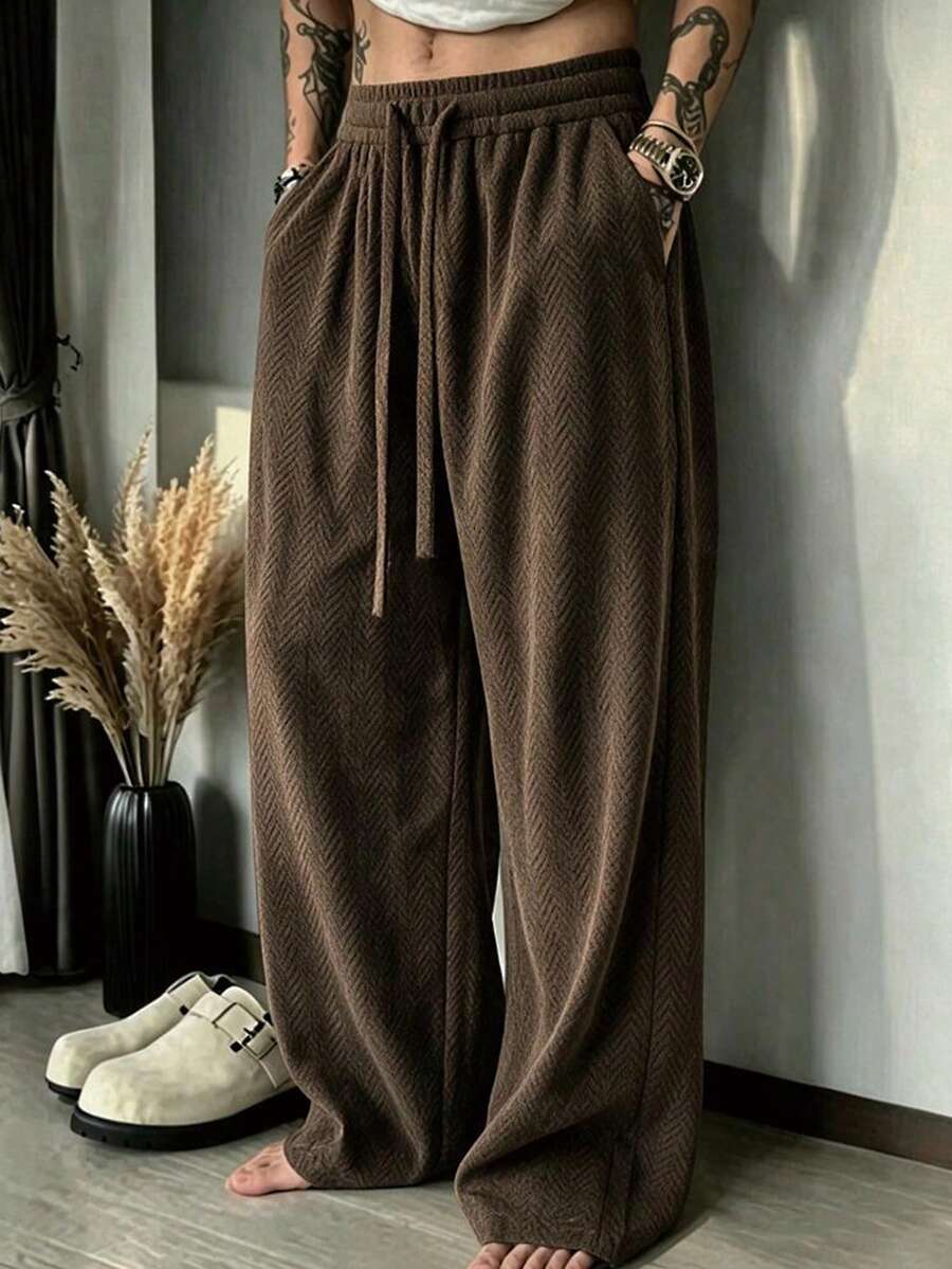 Jacquard Autumn Old Money Style Herringbone Textured Straight Leg Wide Leg Pants, Comfortable Versatile Drapey Loose Casual Trousers - Mocha Brown - View 1