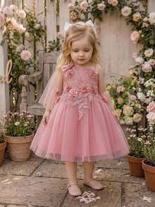Baby Girls Bow Flower Mesh Princess Dress Suitable For Party Flower Girl, Fabric Floral Pattern Random Cut, Headband Not Included - Dusty Pink - View 2