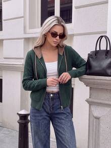 Women's Colorblock Hooded Zip-Up Knit Cardigan, New Autumn/Winter Style, Dark Green Argyle Jacquard Fabric With Brown Hood Trim And Drawstring, Round Ring Zipper + Dual Side Pockets Design, Ribbed Hem, Loose Casual Fit For Daily Wear, Outings And Commuting - Dark Green - View 3