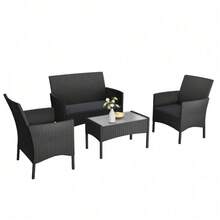 Four-Seater Rattan Garden Furniture Set, Polyester Rattan Gazebo Furniture With Galvanized Steel Frame And Tempered Glass Table For Patios, Balconies, Gardens, Poolside And Conservatories - 4-seater - View 3