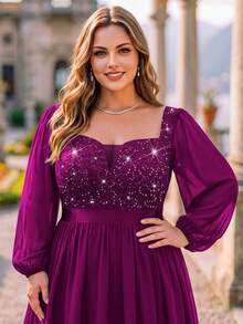 Plus Size Deep V-Neck Sequin Floral Lace Bishop Sleeve Chiffon Formal Evening Gown, Wedding Guest Dress, Suitable For Birthday, Graduation Ceremony - Maroon - View 7
