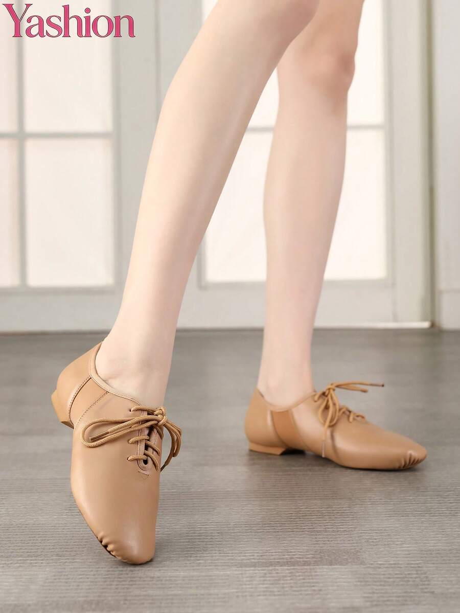 Women's Camel Lace-Up Split Sole Jazz Dance Shoes - Camel - View 1