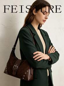 FEISTURE 1pc Rivet Embellished Women's Underarm Bag, Suede Crescent Shoulder Bag, Suitable For Girls, Ladies, College Students, New Professionals And White Collar Workers, Perfect For Work, Business, Commuting, School - Coffee - View 8
