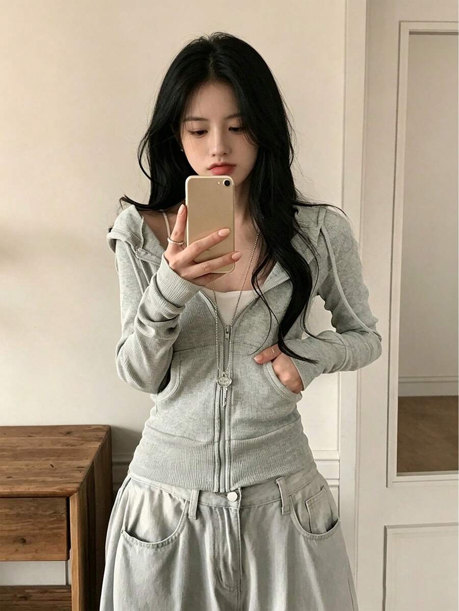 YCYC 小眾修身百搭休閒拉鍊連帽運動短版夾克外套 女款 - 灰色 - 查看 1