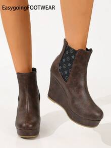 Women's Round Toe Thick Sole Wedge Ankle Boots, Printed Elastic Fabric Patchwork - Coffee Brown - View 4