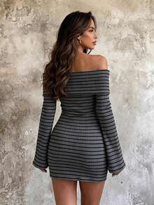 SUNSTORY Women's Autumn Off-Shoulder Striped Bodycon Dress, Long Sleeve Flare Cuff Slim Fit Mini Dress, Elegant Party Style, Suitable For Birthday, Club, Concert, Homecoming Dance, Outing - Grey - View 5