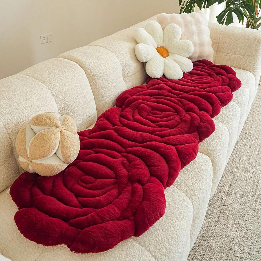 1pc Red Rose Shaped Sofa Cushion, Plush Polyester Fiber Material, Floral Pattern, All Season Anti-Slip Dust-Proof Sofa Cover, Suitable For Living Room/Bedroom Sofa Decoration, Holiday Gift - Red - View 1