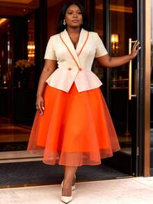 Plus Size Beige & Orange Colorblock Midi Dress, Short Sleeve Ruffle Waist, Mesh Overlay, A-Line Silhouette, Elegant Commute, Party, Graduation Dress - Apricot - View 2