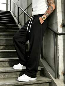 Men's Fashion Casual Pants, Elastic Waist Drawstring Side Pocket Design, Casual Sports Pants, Suitable For Outdoor Sports, Jogging, Couple Gift - Black - View 3