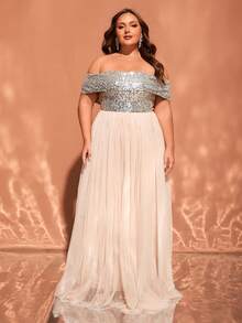 Plus Size Elegant Luxury Apricot Off-Shoulder Open Back Sequin Mesh Patchwork Maxi Wedding Party Evening Gown - Apricot - View 2