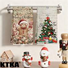 2Pcs Christmas Kitchen Dish Towel Set, Vintage Gingerbread Man & Christmas Tree Print, Xmas Kitchen Decor Hand Towel, Christmas Holiday Gift - Multicolor - View 2